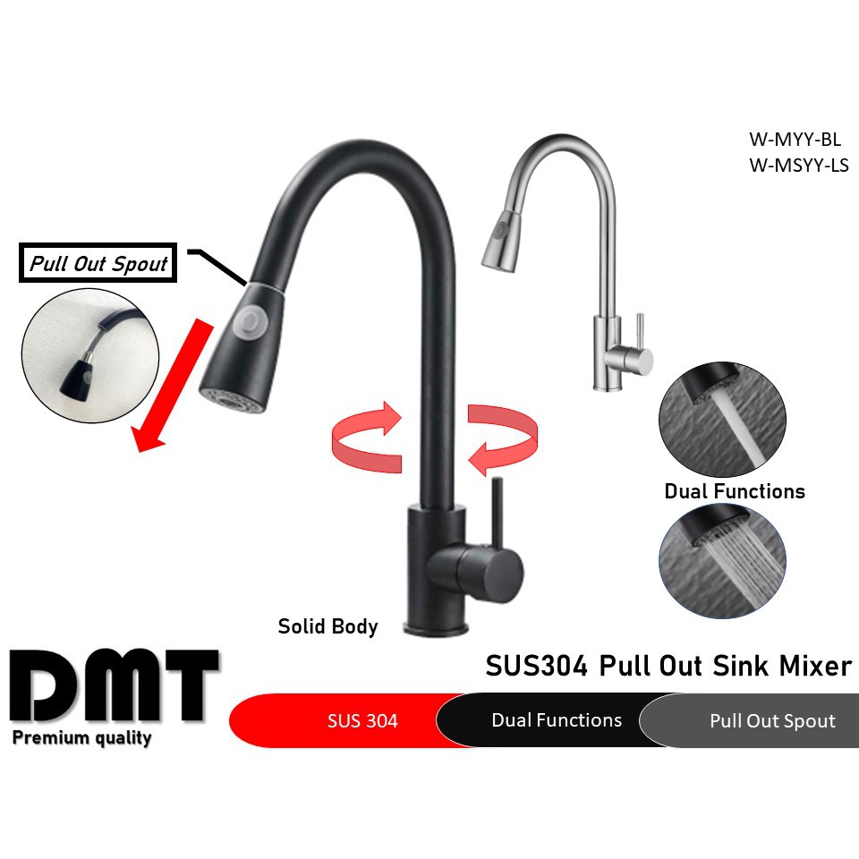 ITTO Premium Black SUS304 Stainless Steel Pull Out Kitchen Sink Mixer, Flexible Tap, HCE, Zenros, Hitam
