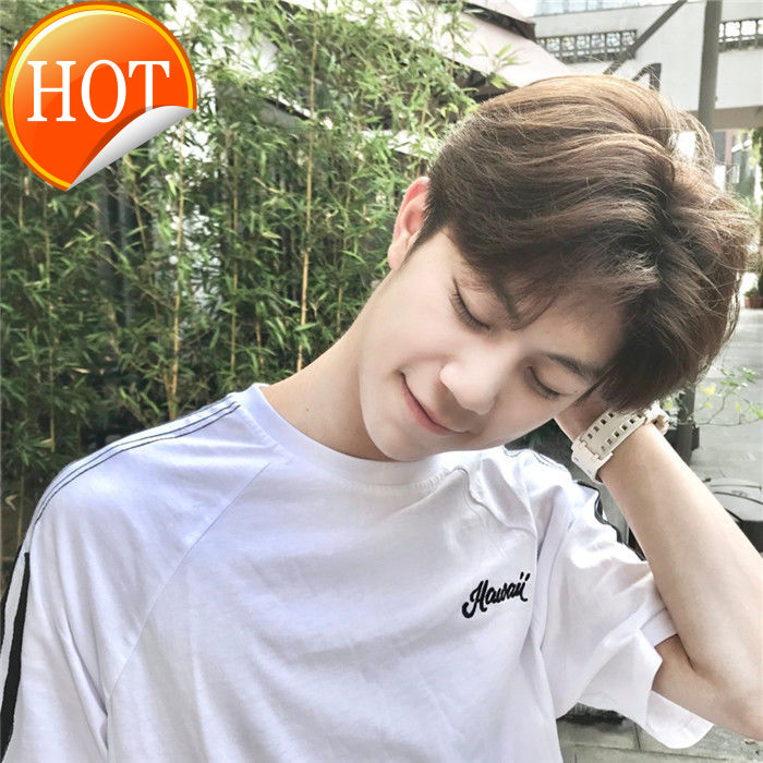 Good Quality Vogue Style Korean handsome center parting men full Hair Wig  With Bangs In The Middle, Fluffy Short Straight Hair Cosplay Party  Fashionable And Natural Realistic Toupee Replacement Wig Hair Rambut