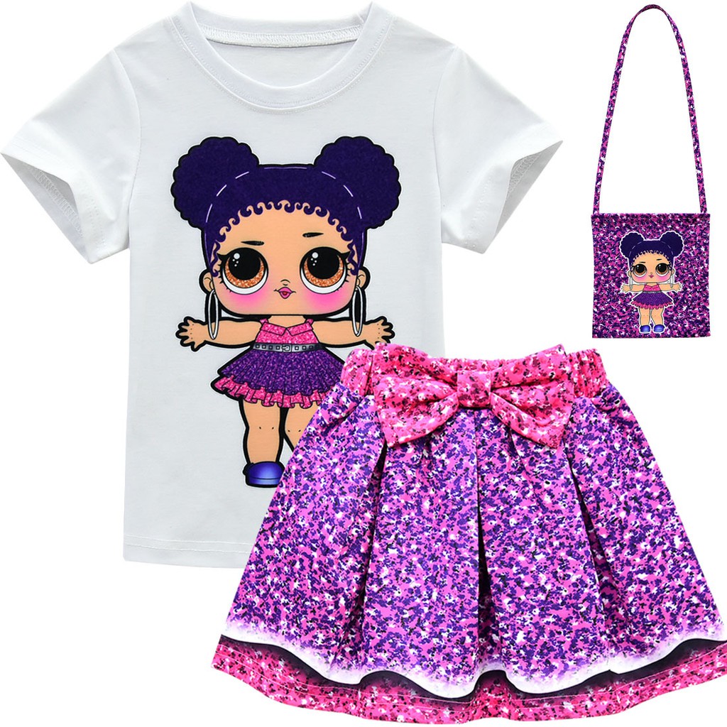 LOL Surprise Girls Outfits Short Sleeve T shirt Skirt Bag Set 3Pcs 