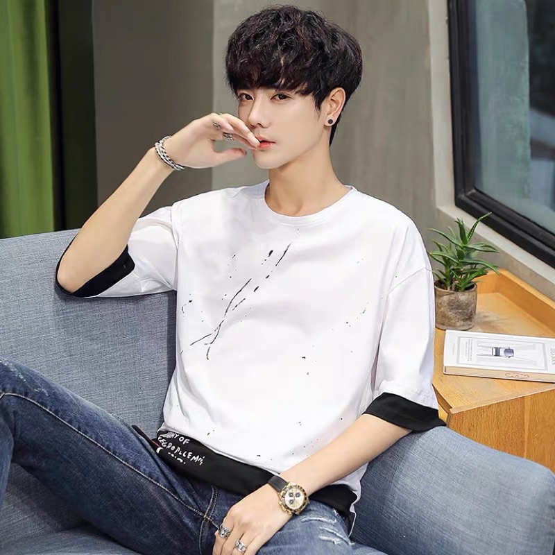 ️ A2C Delivered From Taiwan Physical Storefront 2020 Korean Style Summer Men's Fake Two-Piece Splash Ink Simple Fashion Design Short Sleeve T-Shirt