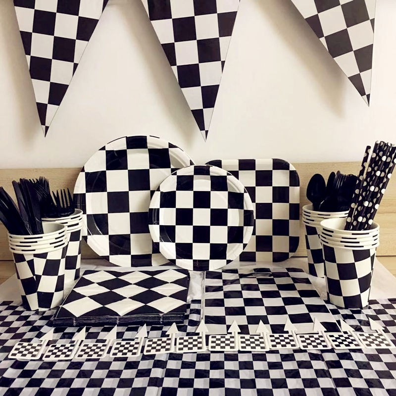 Black White Racing Car Party Deco Servies Chess Disposable tableware