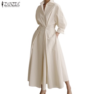 Image of ZANZEA Women Long Sleeve Turn-Down-Collar Solid Color High Waist Casual Maxi Dress