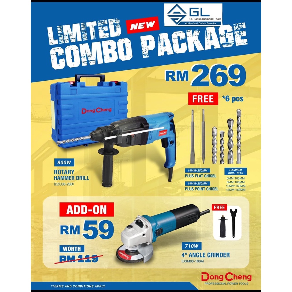 DONGCHENG POWER TOOLS COMBO PACKAGE [DZC05-26] 800W 3IN1 ROTARY HAMMER DRILL AND [DSM03-100A] 4" ANGLE GRINDER