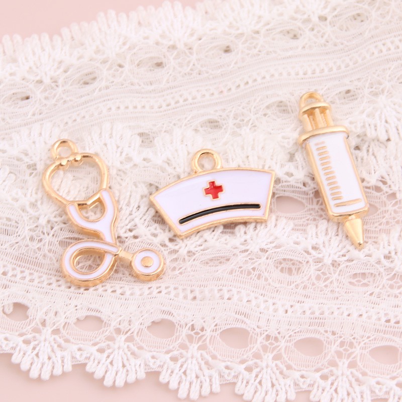 10pcs Enamel Medical Tool Charms Stethoscope Nurse Cap Syringe Pendant Fit DIY Jewelry Making Handcrafted Accessories