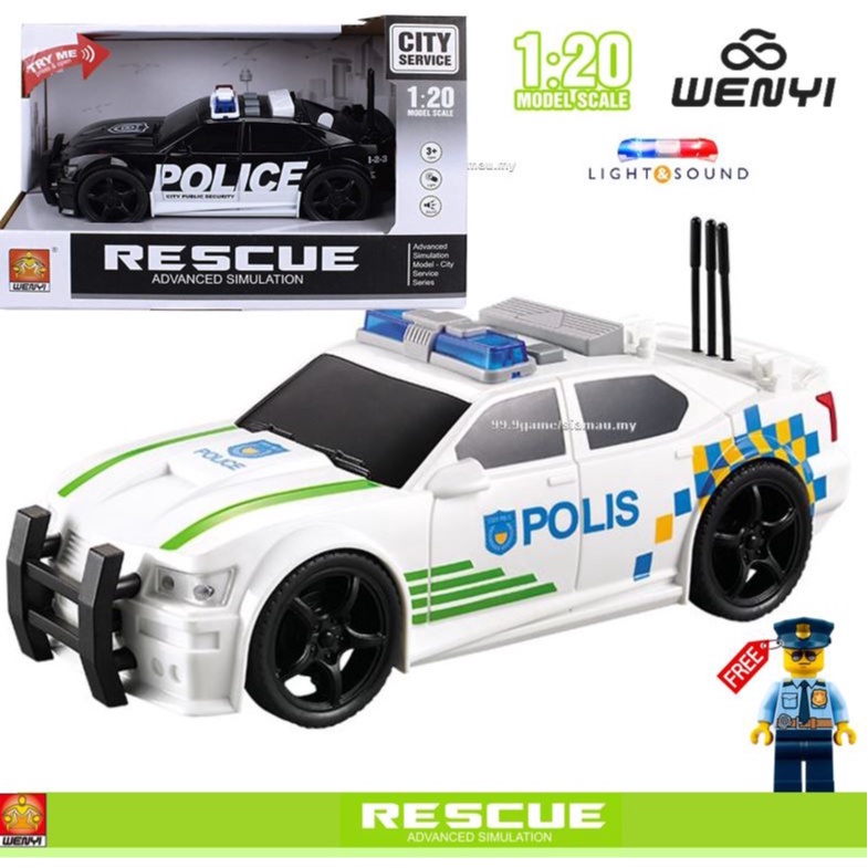 Friction Powered Police Car Toy Rescue Vehicle with Lights and Siren Sounds for Boys Toddlers and Kids Pull Back 1:20 Diecast Vehicle Car 