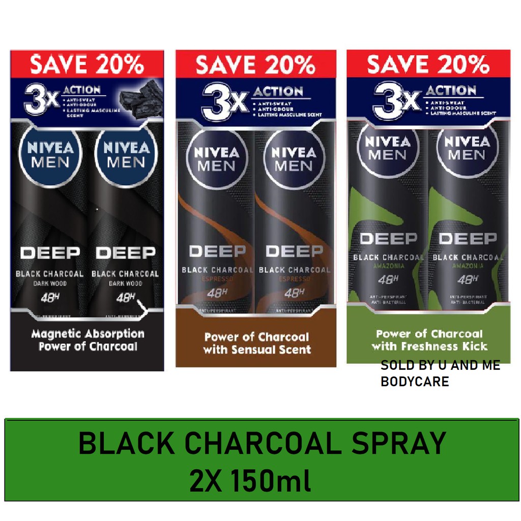 Nivea Men Deodorant Spray Black Charcoal Dark Wood/Espresso/Amazonia 2x