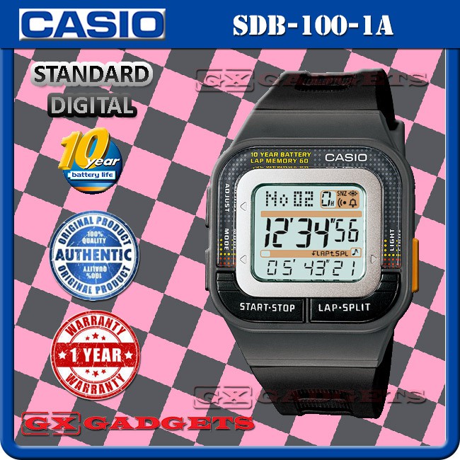CASIO SDB-100-1A STANDARD DIGITAL WATCH STOPWATCH DUAL TIME AUTO LIGHT SDB-100