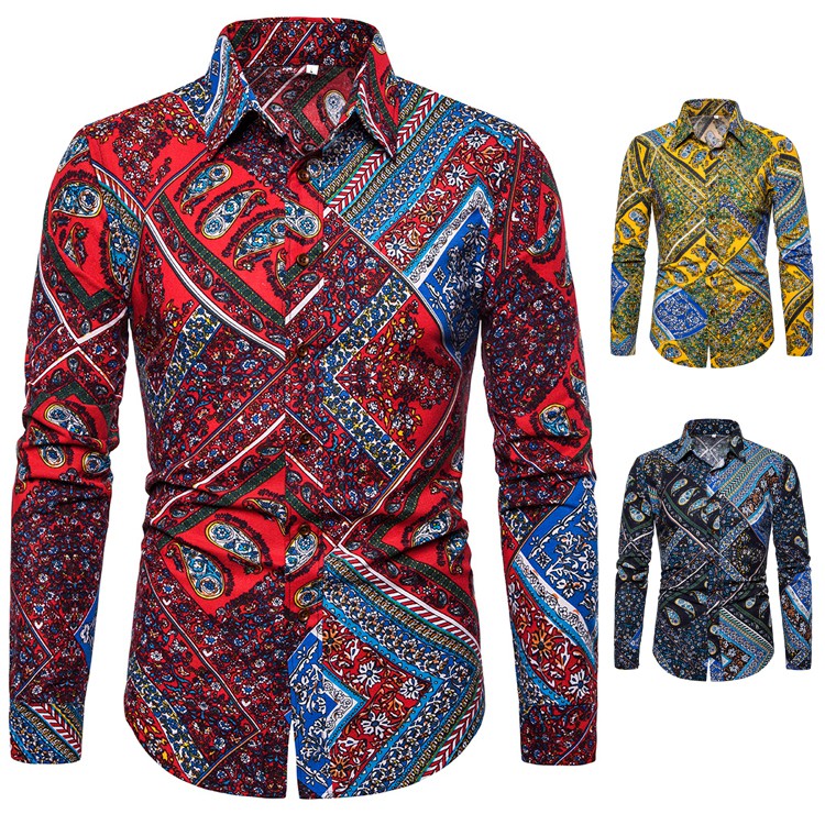 Men Casual Printing Shirts Long Sleeve Slim Fit Linen 