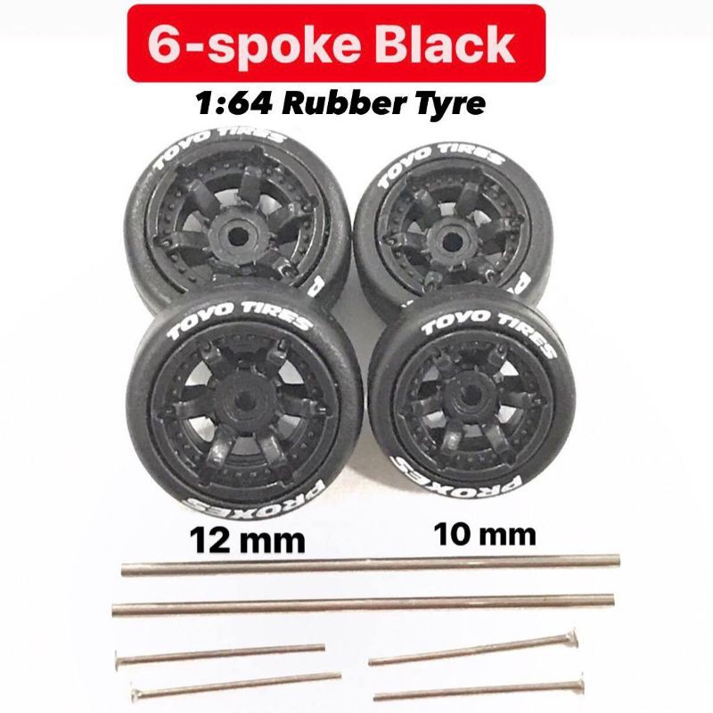 1:64 Rubber Tyre 12/10 mm - 6-Spoke Black fit most 1/64 Hot Wheels custom cars