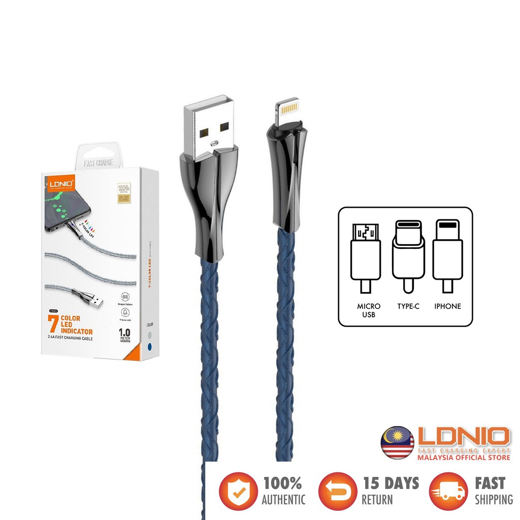 READY STOCK LDNIO Original LS461 1M 7 Color LED Indicator 2.4A Fast Charging Cable Charge & Sync