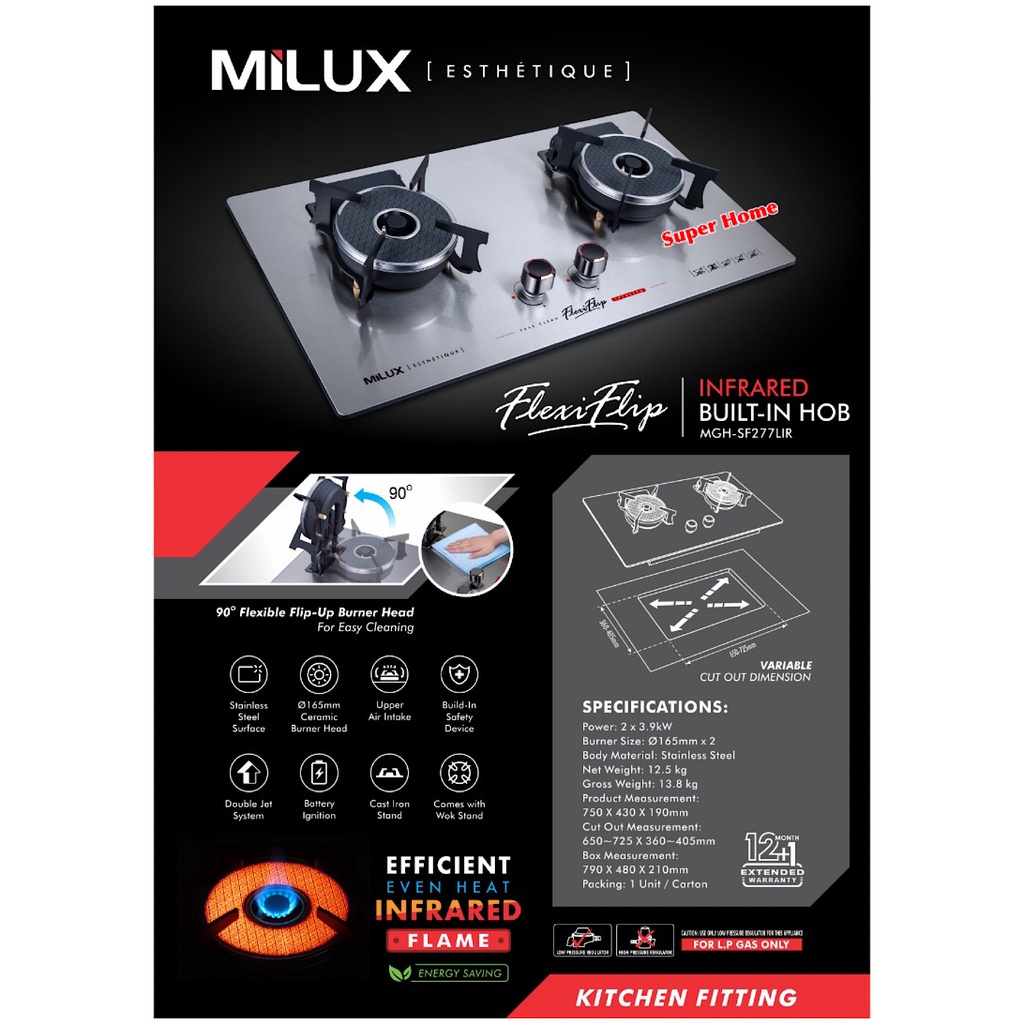 Milux Builtin Hob MGHSF277LIR Flexible FlipUp Infrared Stainless