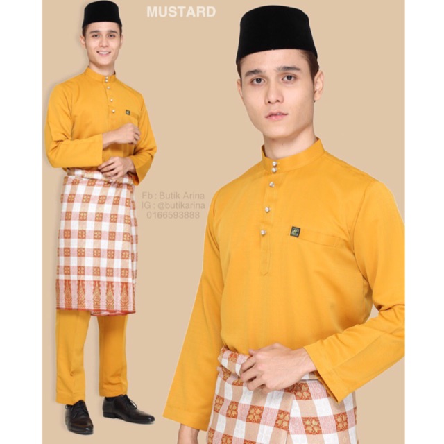  Baju Melayu Moden Slim Fit Yellow Mustard Gold Kuning Emas 