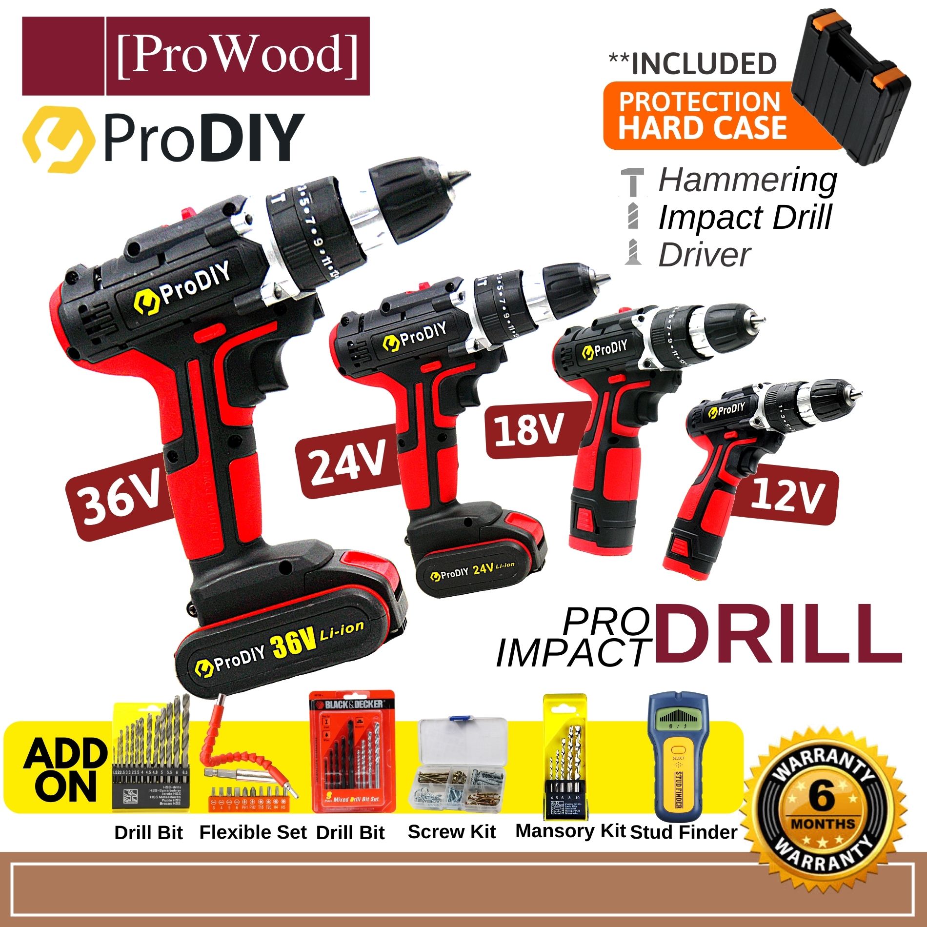 PRODIY PID Cordless Impact Drill Screwdriver With Hammer 3 Mode 12v 18v