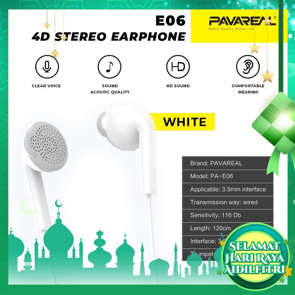PAVAREAL PA-E06 4D Stereo HD Music Headset 4D Stereo Earphone Headphone In-Ear Call Music Built-in Mic Android iOS 1.2M