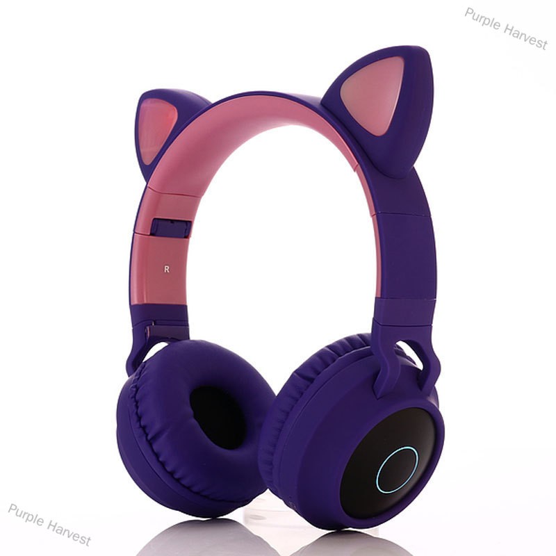 Purple Harvest Cute Cat Ear Bluetooth 5.0 Headphones Foldable On-Ear Stereo Wireless Headset with Mic LED Light Support