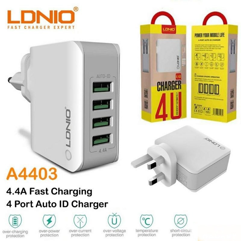 LDNIO Original A4403/ A2203  Quadruple 4/2 USBOutput Port Auto ID USB  Charger (UK 3-Pin Plug) Ready Stock | Shopee Malaysia