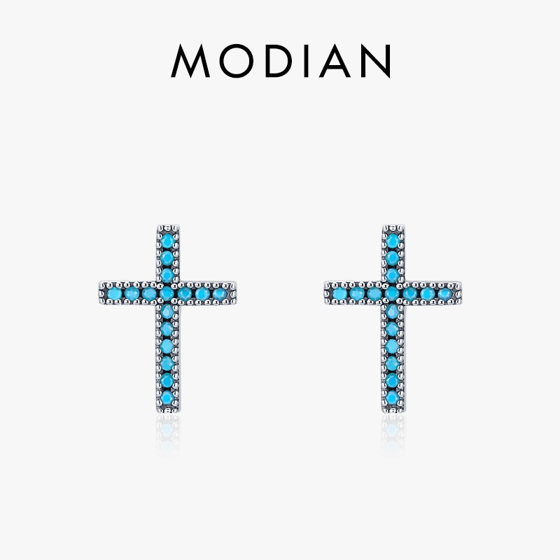 MODIAN Simple Cross Turquoise Stud Earrings Solid 925 Sterling Silver Exquisite Classic Earring For Women Original Jewelry Gifts