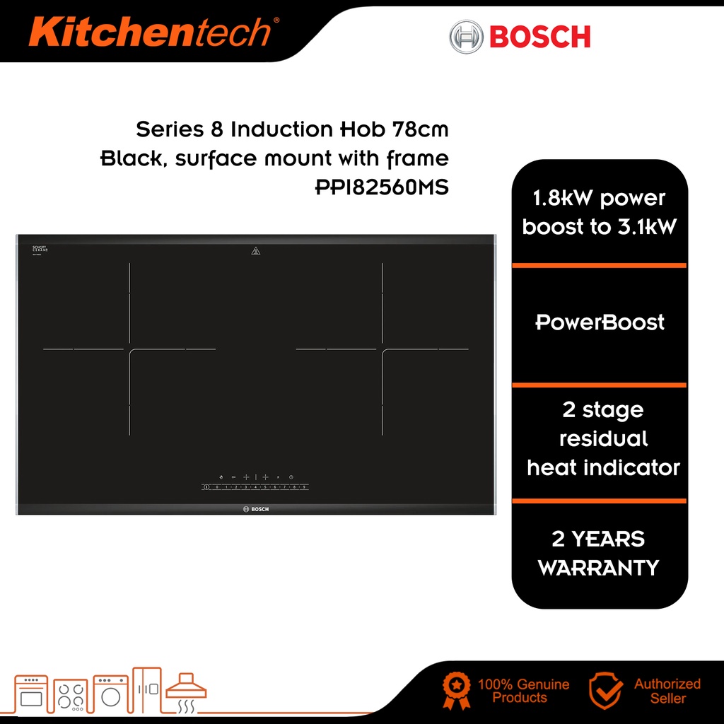 Bosch PPI82560MS Series 8 Induction Hob 78cm Black, Surface Mount with