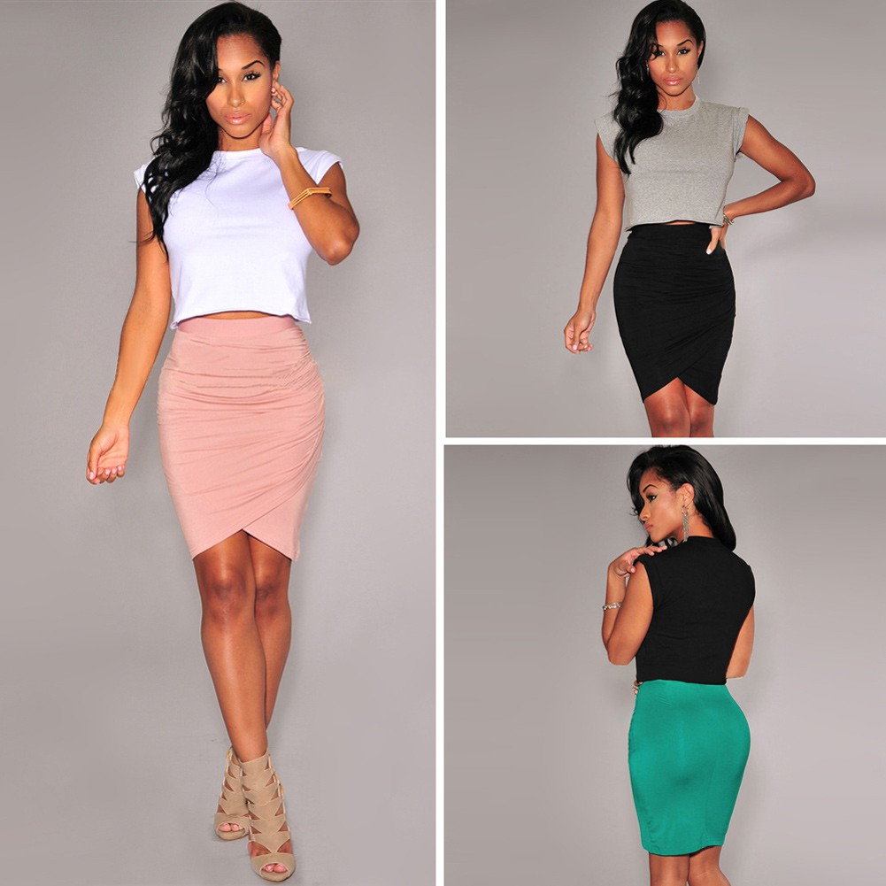 Women Skirt Stretch Draped High Waist Asymmetric Ruched Sexy Mini