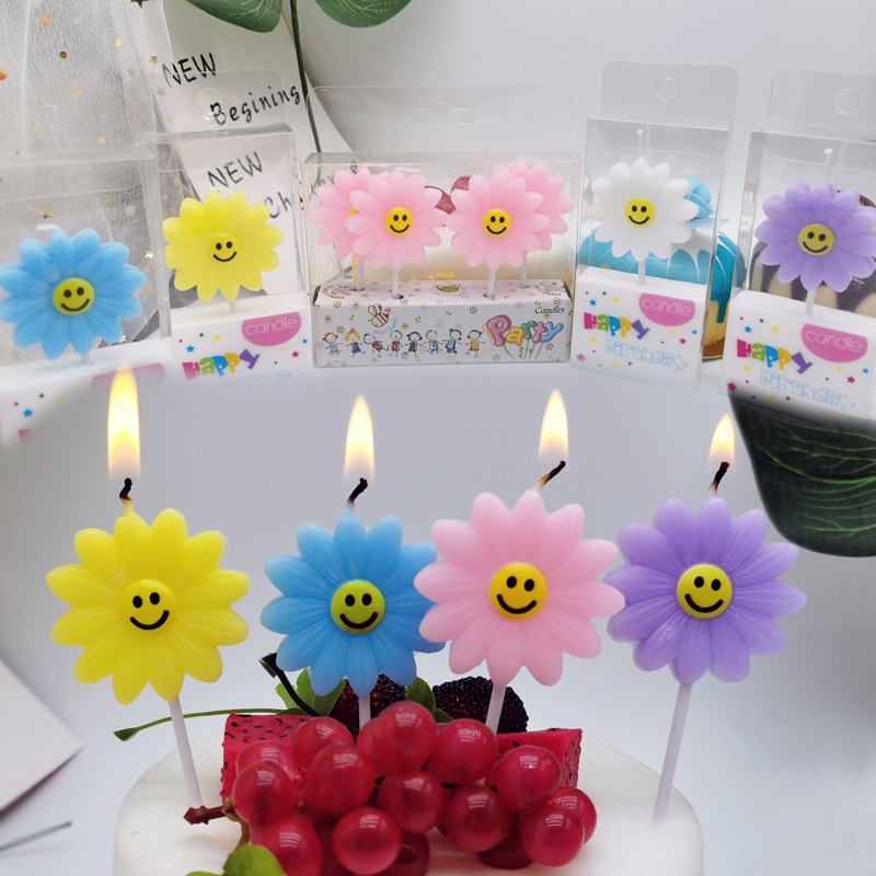 5pcs Smile Face Candle Cake Topper Creative Candle Chrysanthemum Sunflower Shaped Birthday Sun Candle