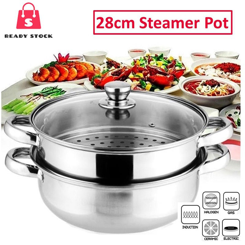 ♟◇READY STOCK Luxury Steam Pot Steamer Cookware Pot 2 Layer High Quality Stainless Steel / Periuk Kukus Pengukus 多功能汤蒸锅