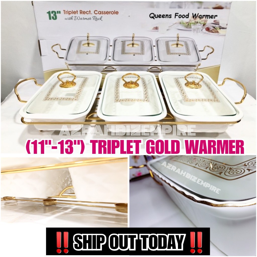 HOT SALE! (11.5"-13") TRIPLET QUEENS GOLD FOOD WARMER / BUFFET GOLD/ BUFFET FOOD TRAY / BUFFET SET