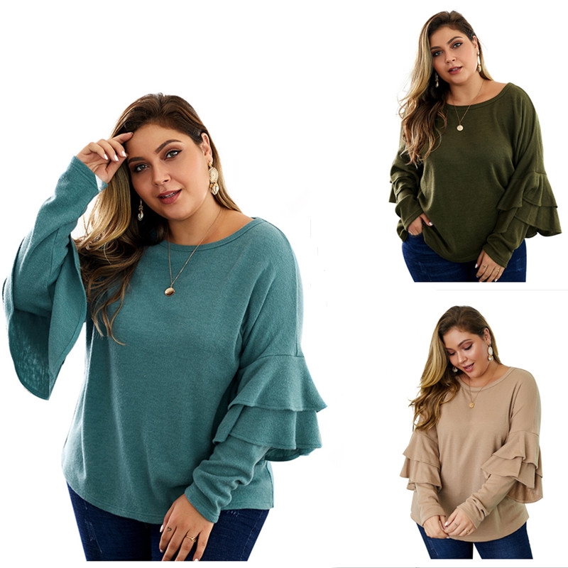 Plus Size Baju Women's V Neck Ruffles Long Sleeved Knitted Big Size ...