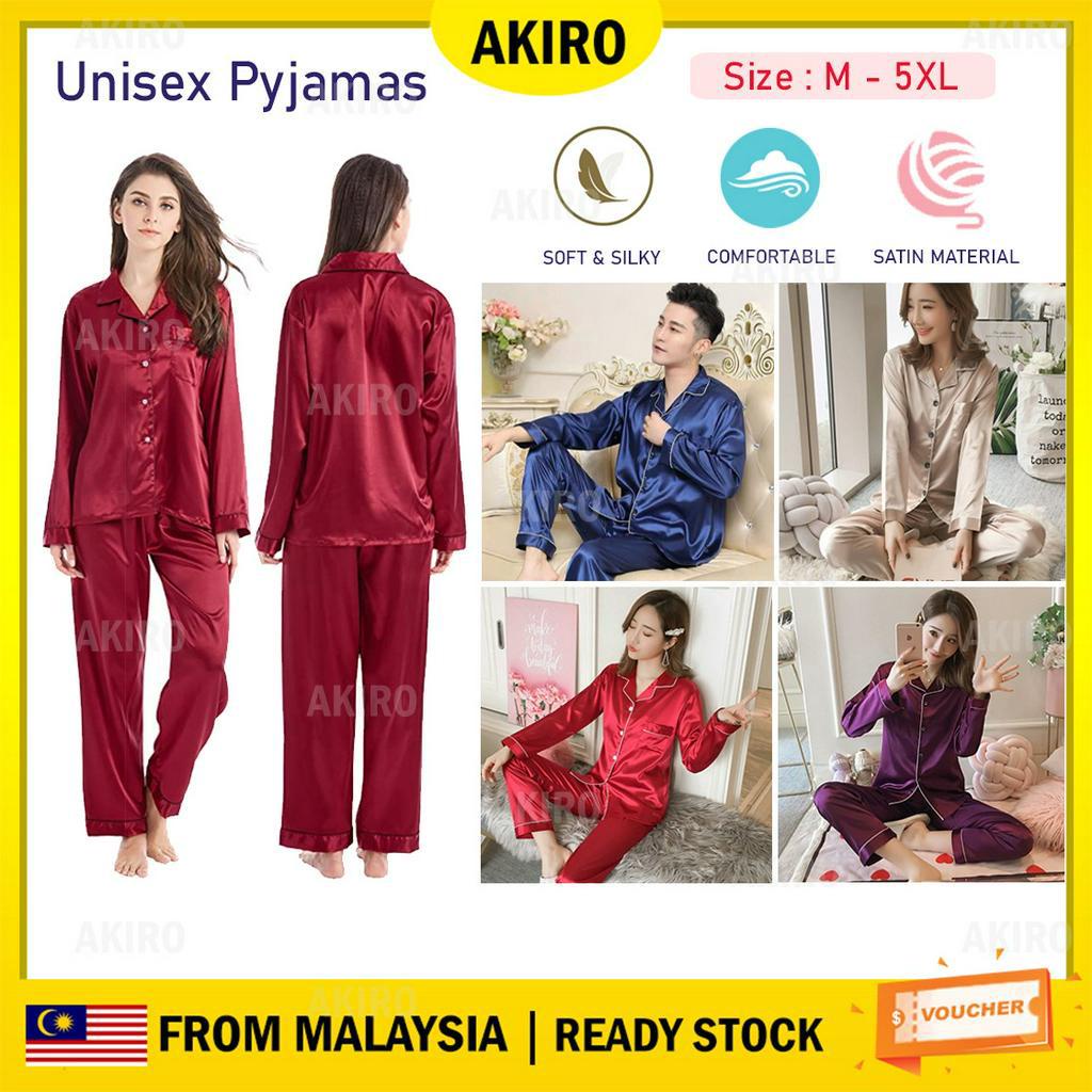 AKIRO Plus Size M-5XL Unisex Classic Ice Silk Satin Pajama Set Long Sleeve Sleepwear Loungewear Baju Tidur Pyjamas Set