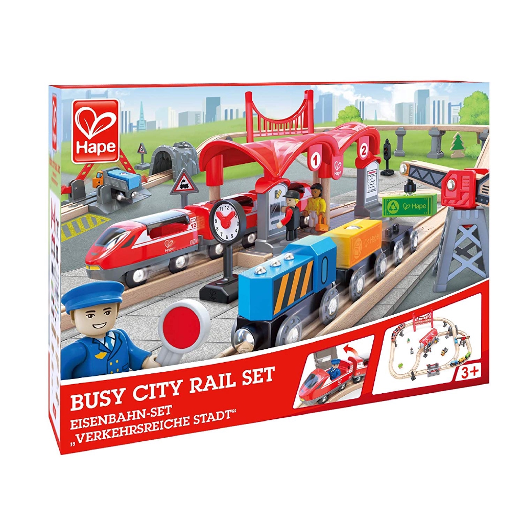 hape railway wooden train busy city rail set