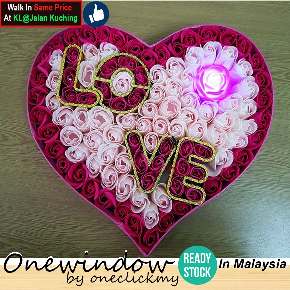 [ READY STOCK ]In Malaysia Valentine's Day 92 faded roses in a love shape box with rose light/Bunga Sabun Valentine/情人节香皂花
