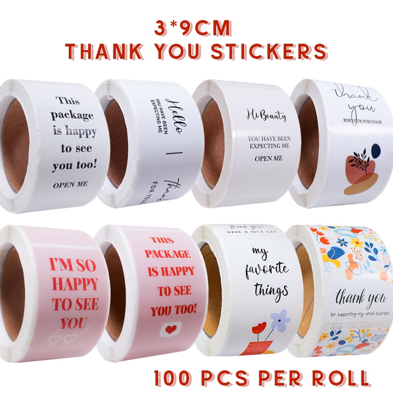 100pcs/Roll 3*9cm "This Package Is Happy To See You Too" Gift Sealing Labels White Pink Thank You Stickers For Small Business