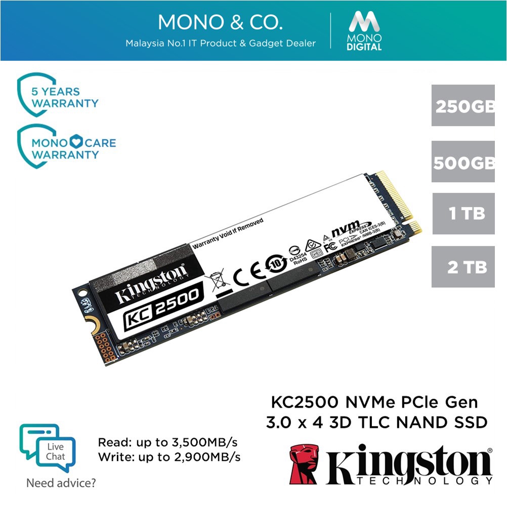 Kingston NVMe SSD KC2500 2TB / 1TB / 500GB / 250GB M.2 SSD 2280 NVMe ...