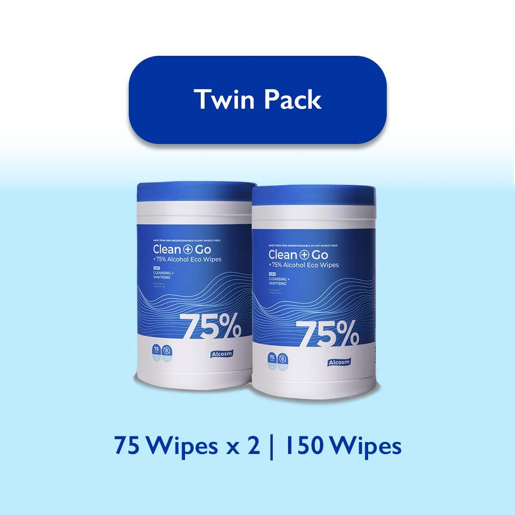 Alcosm™ 75% Alcohol Disinfectant Wipes 75's Eco - Friendly Wet Wipes (Twin Pack)