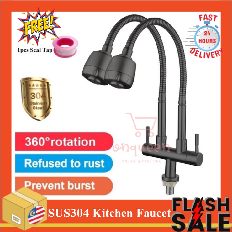 Black Kitchen Double Faucet and Flexible Wall Water Tap SUS304