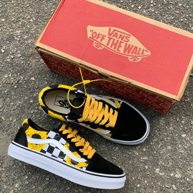 yellow old skool vans checkerboard with sunflowers