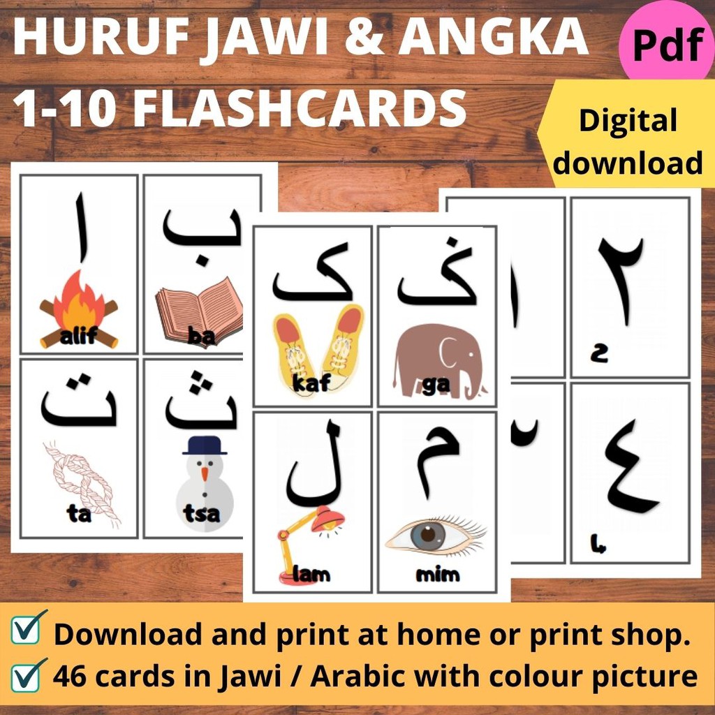 Printables Huruf Jawi Hijaiyah Arabic Number Flashcard Softcopy Pdf File Shopee Malaysia