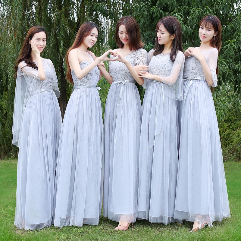 Women Elegant Gray Bridesmaid Dress Sister Wedding Gown