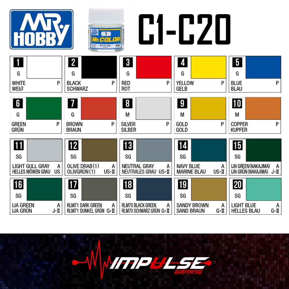 Mr Hobby C1 - C20 Mr Color White Black Red Yellow Blue Green Brown Silver  Gold Copper Light Gull Olive Neutral Gray Navy | Shopee Malaysia