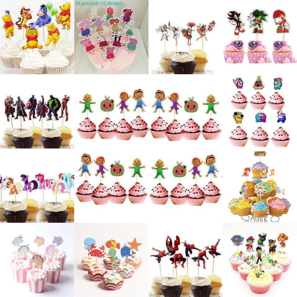 24pcs/set Cupcake Toppers Cartoon Animation Theme Cake Decorations Dessert Party Paper Bunting Toothpick Desserts Flag