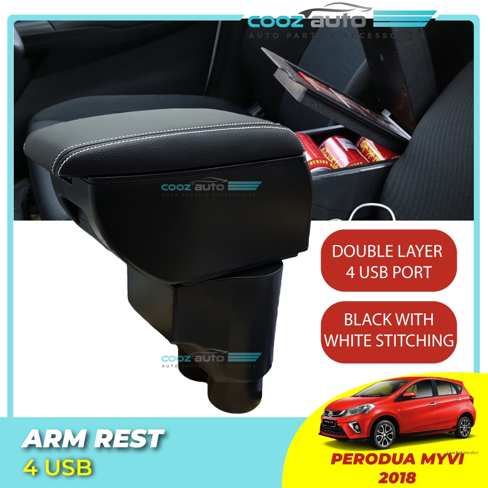 Perodua Myvi 2017 2022 Double Layer Arm Rest Armrest 4 USB Console Black Leather Shopee Malaysia