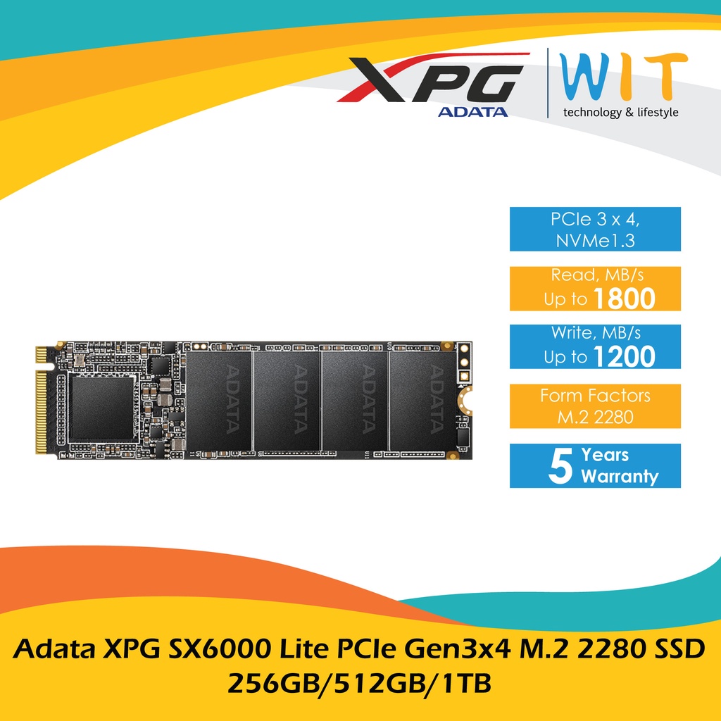 Adata XPG SX6000 Lite PCIe Gen3x4 M.2 2280 SSD - 256GB/512GB/1TB