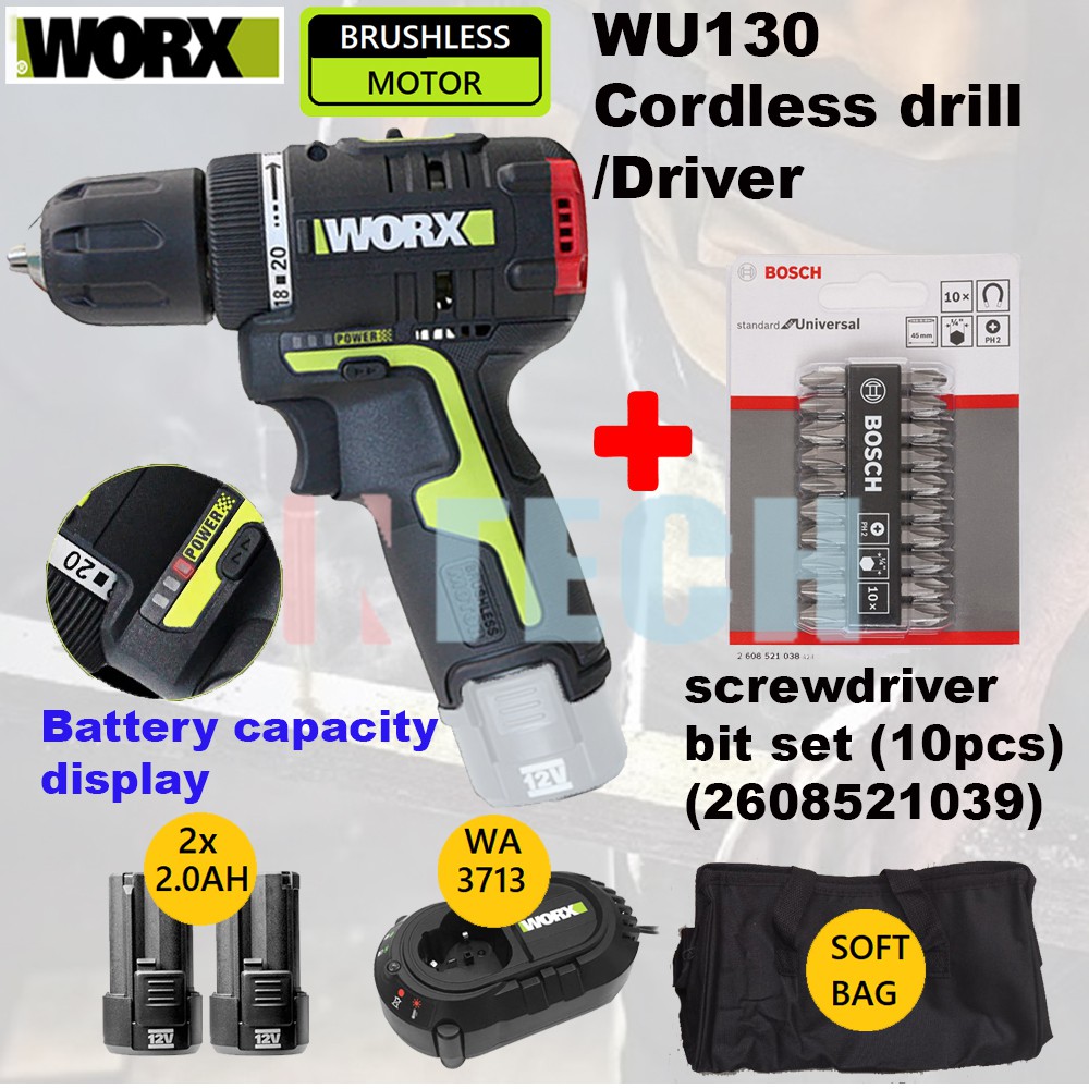 WORX PROFESSIONAL WU130 CORDLESS DRILL/DRIVER C/W BOSCH SCREWDRIVER