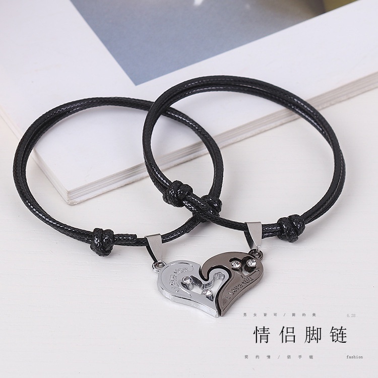 Couple Anklet A Pair Black Rope Female Trendy Male Simple Heart-With Heart Japanese Korean Student Mori Style