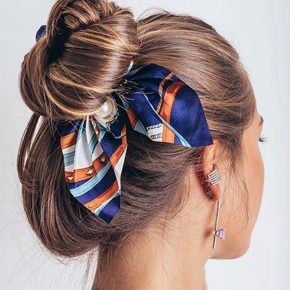 Women Floral Elastic Hair Bands Bow Knot Artificial Pearl Hair