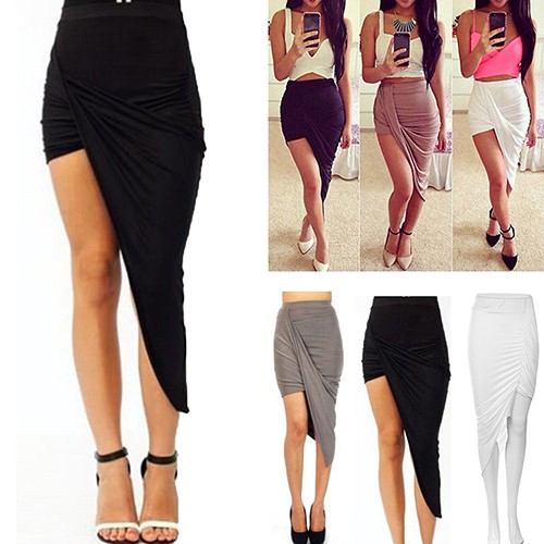 Women Fashion Draped Asymmetrical High Waist Stretch Bodycon Low