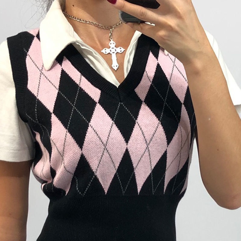 Vintage Pink Argyle Sweater Vest Korean Preppy Style V Neck Sleeveless Plaid Knitted Pullover 4485