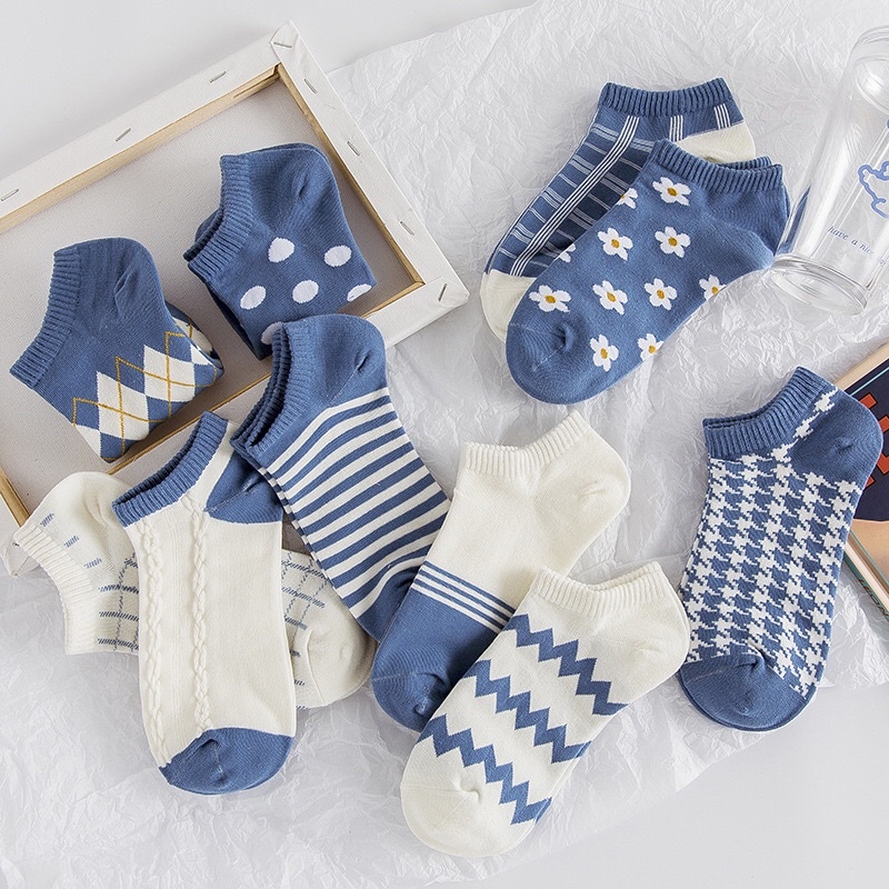 [READY STOCK] Blue themed ins stripes summer female cotton socks