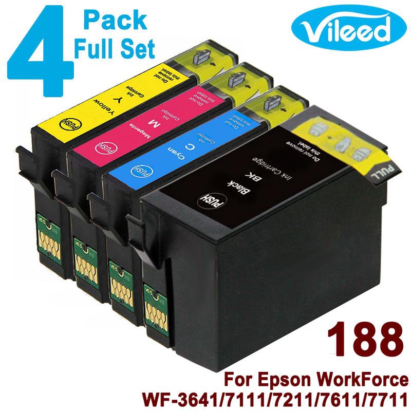 Vileed 4 Pack 188 Bk C M Y For Epson Full Set T188 Print Ink Cartridge T1881 Black T1882 Cyan 6783