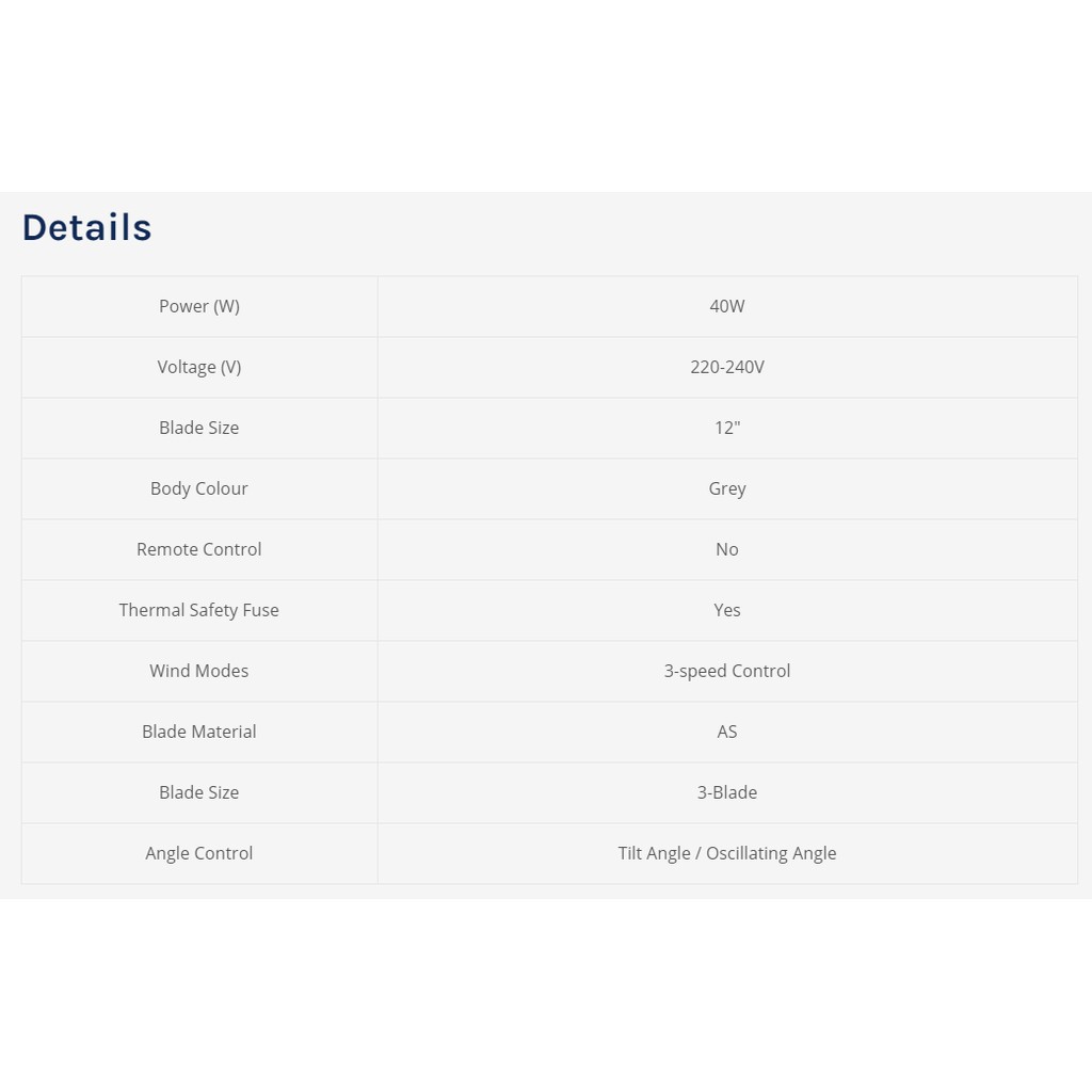 Elba 12" Table Fan ETFG1220(GR) Seng Huat