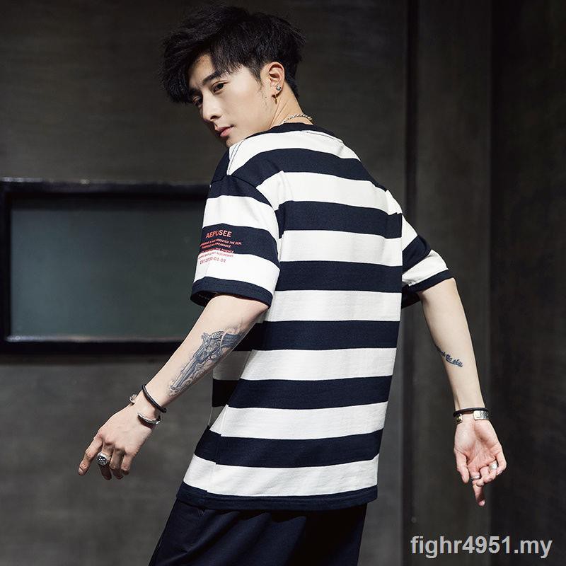 Summer Stripe T Shirt Men S Round Collar Short Sleeve Popular Logo Cotton Loose Half Ins Article Black And White Shirt Dress Tide Shopee Malaysia